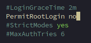 Terminal showing nano editor with sshd_config PermitRootLogin set to no