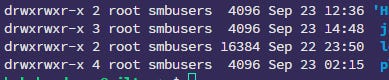 Terminal output of ls -la showing directory permissions with drwxrwxr-x ownership by root:smbusers, confirming correct group permissions for FTP access