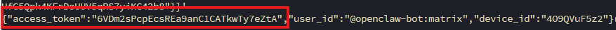 Terminal output showing successful Matrix bot registration with access_token highlighted in the JSON response