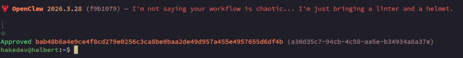 Terminal showing openclaw devices approve command with successful approval of a pending device pairing request