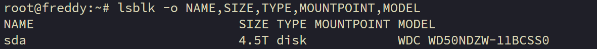 Terminal showing lsblk output with sda as a 4.5T WDC WD50NDZW-11BCSS0 USB drive