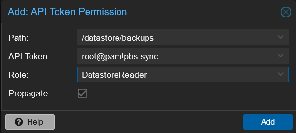 PBS Add API Token Permission dialog with path /datastore/backups, token root@pam!pbs-sync, role DatastoreReader