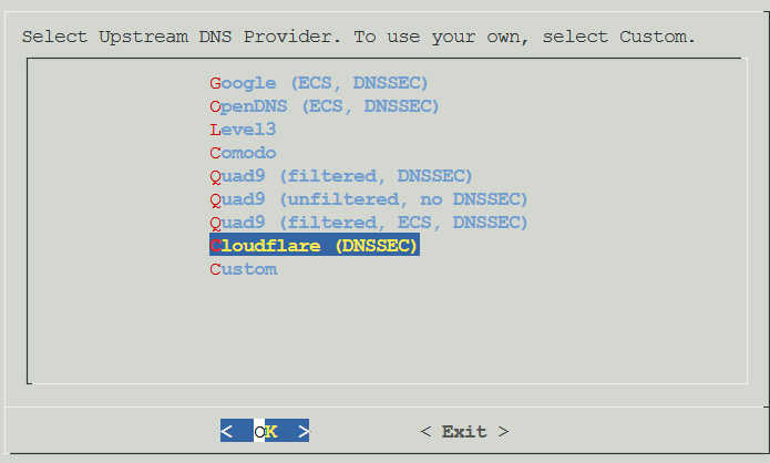 Pi-hole installer upstream DNS provider selection with Cloudflare selected