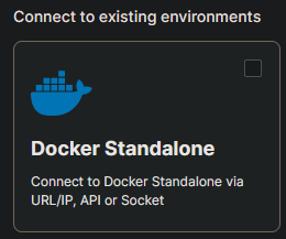 Portainer Connect to existing environments dialog showing the Docker Standalone option selected