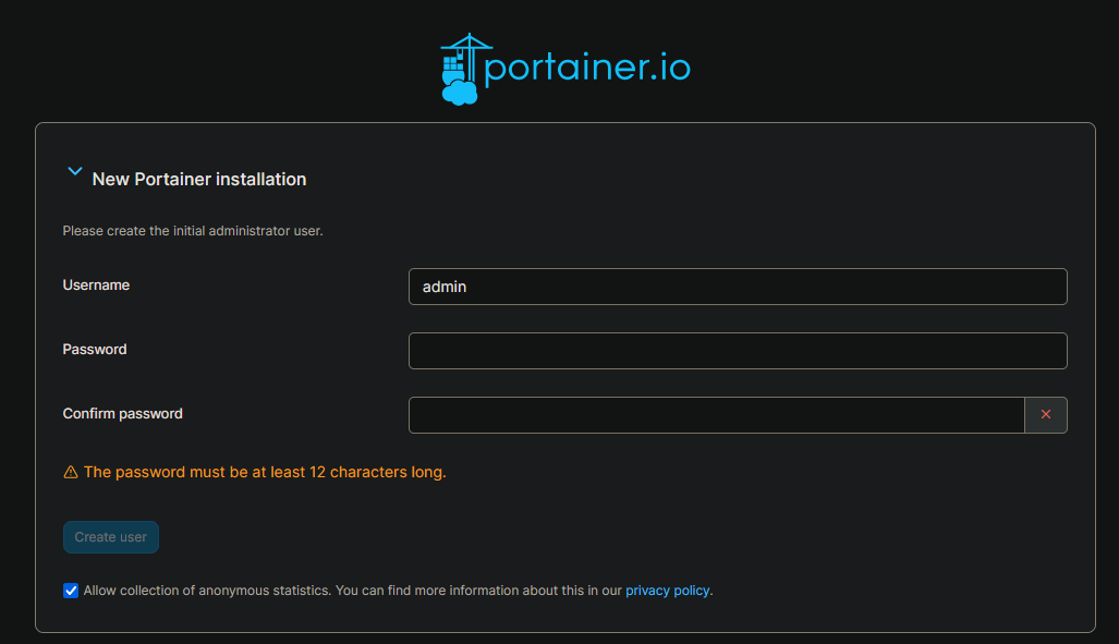 Portainer new installation page showing the initial administrator user creation form