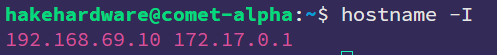 Terminal showing the output of hostname -I command displaying IP addresses