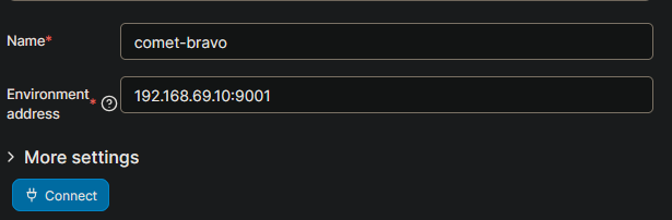 Portainer Add Environment form with Name and Environment address fields
