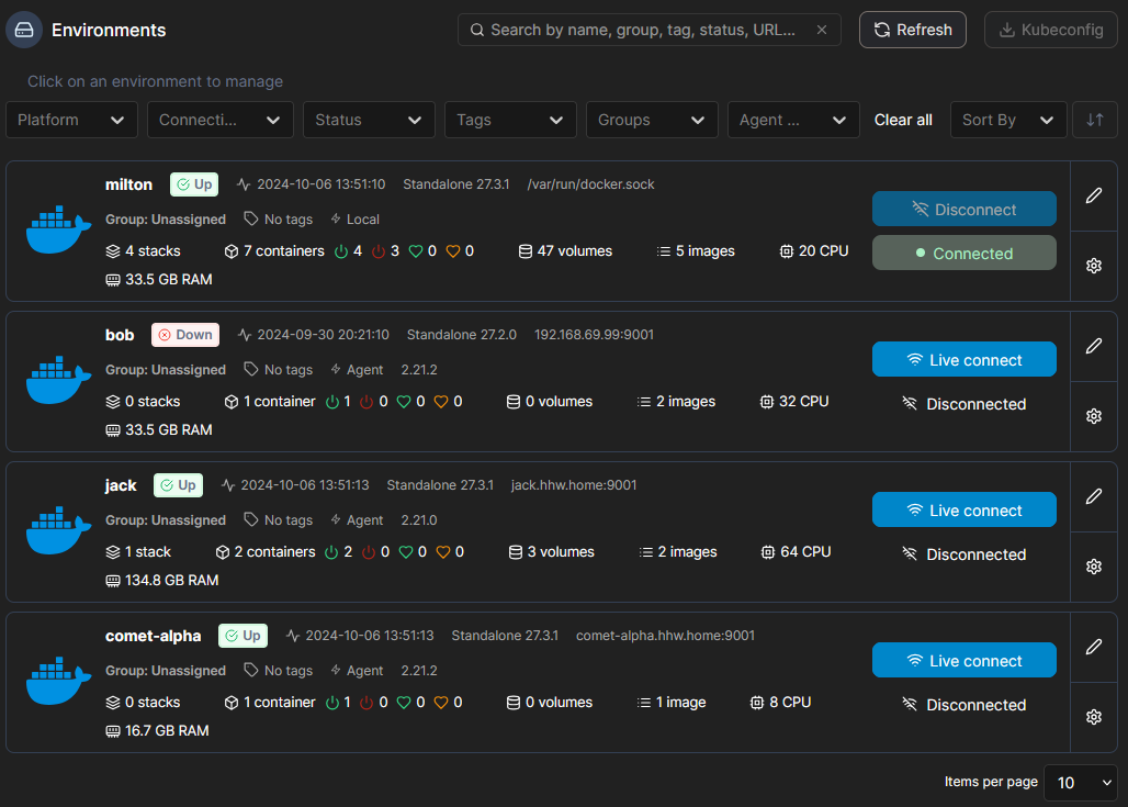 Portainer Environments page showing four Docker environments with their status