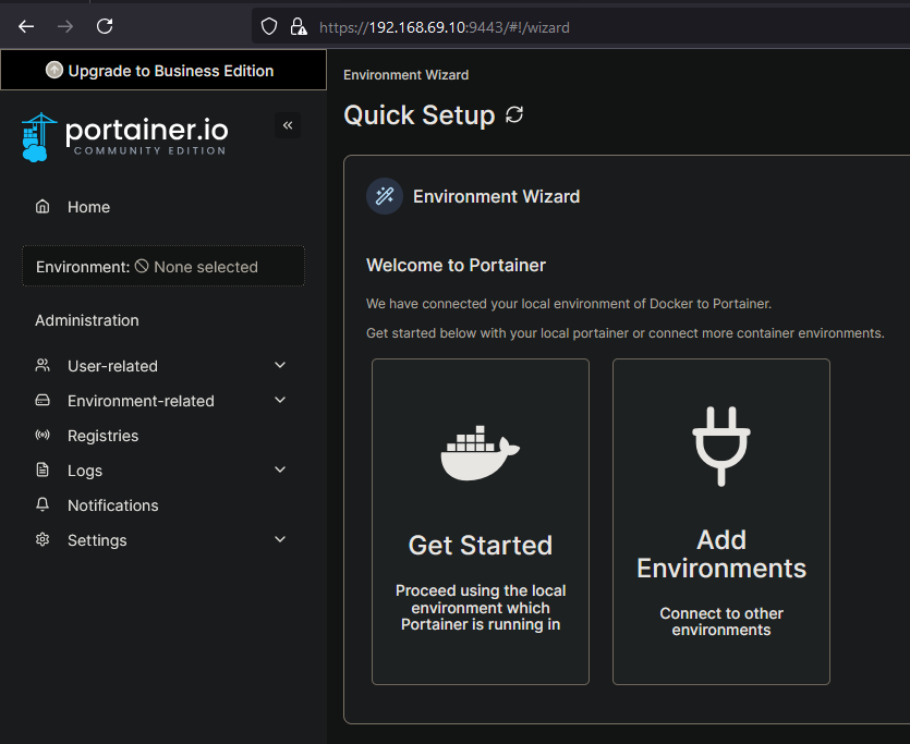 Portainer Community Edition Quick Setup page showing the Environment Wizard with Get Started and Add Environments options