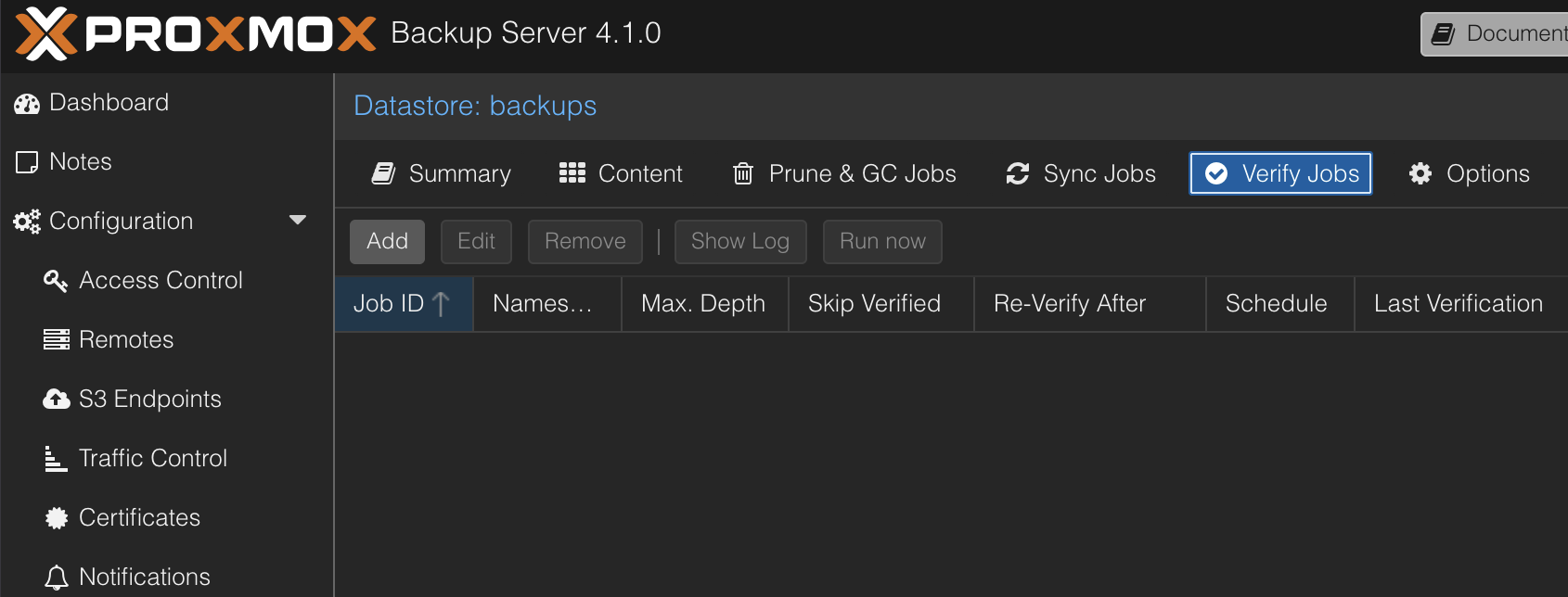 PBS Verify Jobs tab for the backups datastore