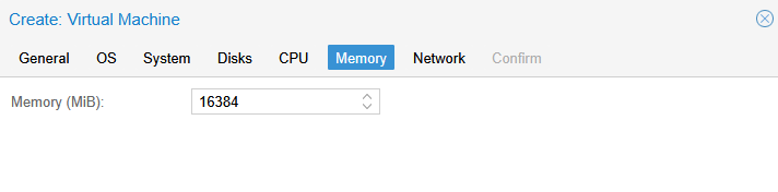 Proxmox Create VM Memory tab showing 16384 MiB allocated