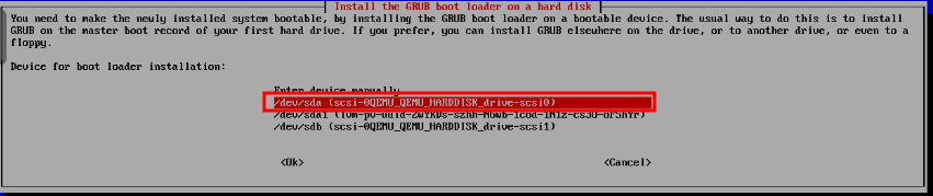 Debian Installer GRUB device selection with /dev/sda