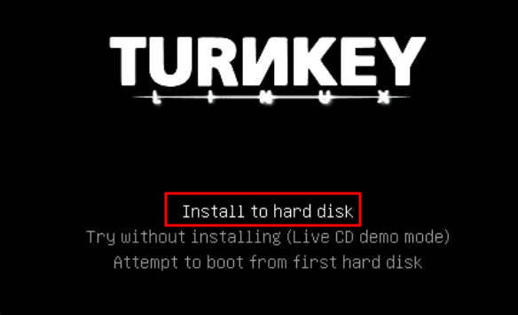 TurnKey Linux boot menu with Install to hard disk option
