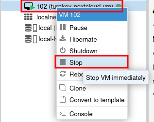 Proxmox right-click menu with Stop option