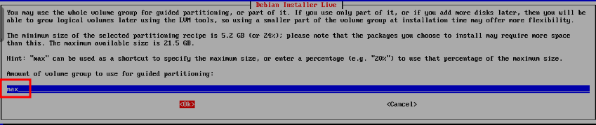Debian Installer volume group size set to max