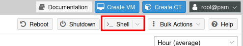Proxmox web interface showing the Shell button