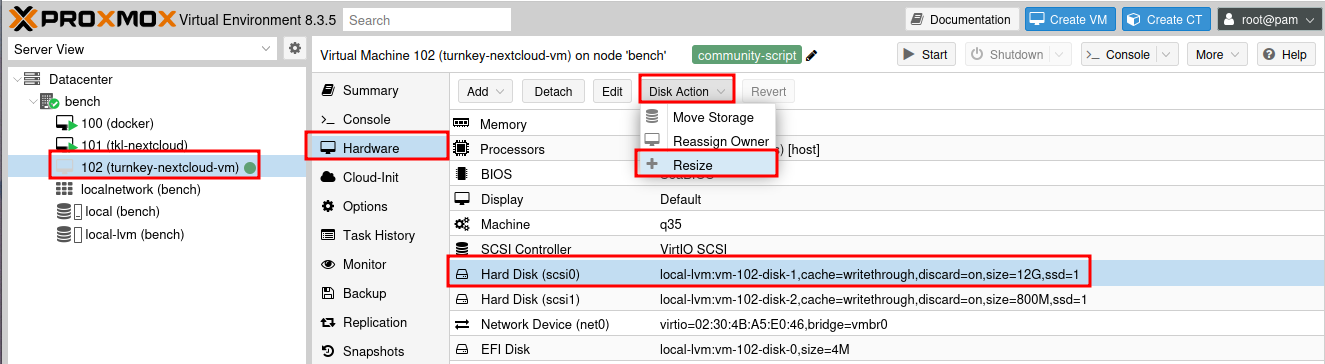 Proxmox Hardware tab with disk resize option