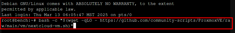 Proxmox shell with helper script command pasted