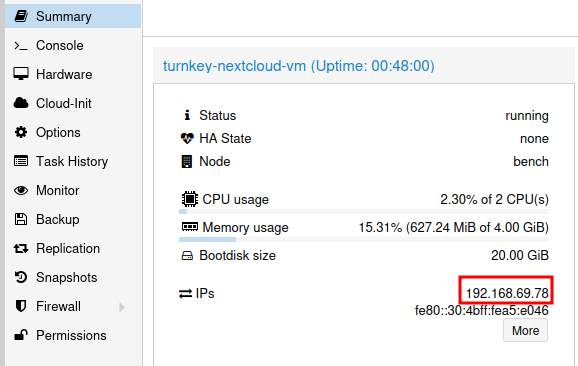 Proxmox VM Summary showing IP address