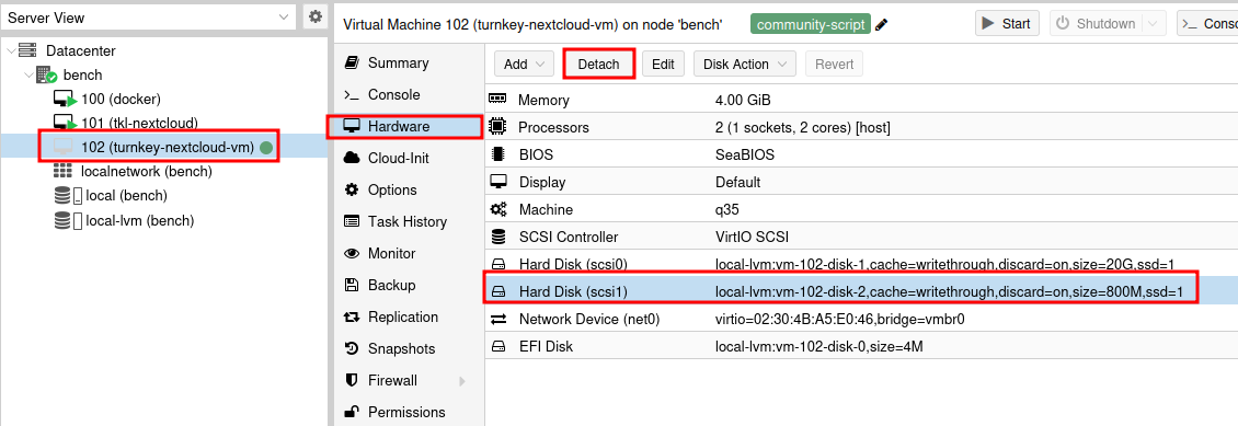 Proxmox Hardware tab with Detach button for installation media