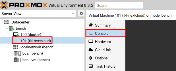 Proxmox VM with Console tab selected