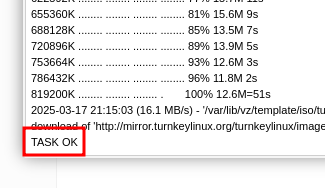 Proxmox task output showing TASK OK