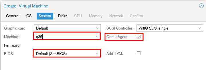 Proxmox Create VM System tab with SeaBIOS and Qemu Agent