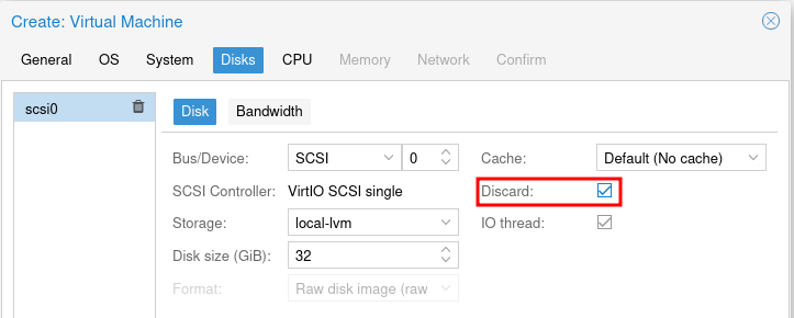 Proxmox Create VM Disks tab with 32GB