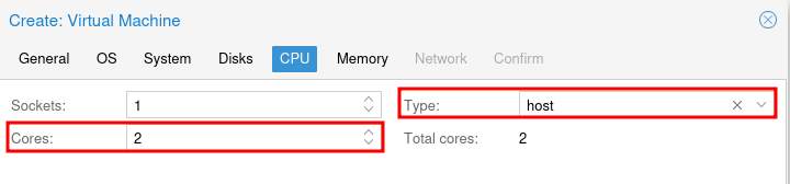 Proxmox Create VM CPU tab with 2 cores