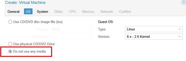 Proxmox VM creation OS tab with Do not use any media option selected