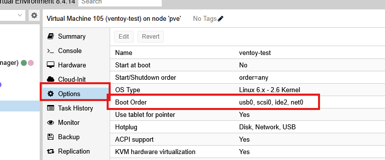 Proxmox VM Options tab showing Boot Order with usb0 first