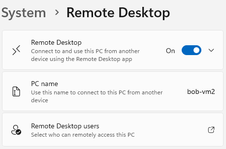 Windows 11 Remote Desktop settings with toggle switched to On