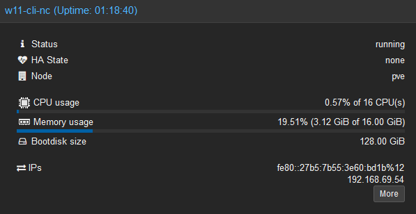 Proxmox VM summary showing IP address 192.168.69.54