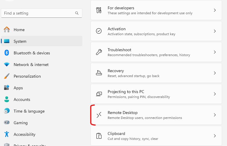 Windows 11 Settings app showing Remote Desktop option