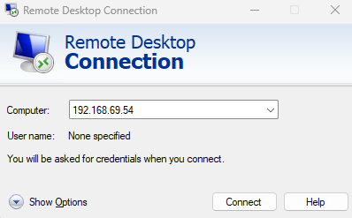 Windows Remote Desktop Connection dialog with IP address field