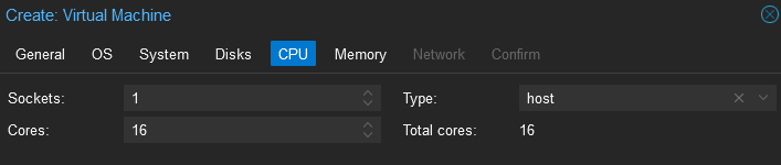 Proxmox Create VM CPU tab with 16 cores and host type