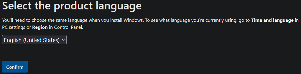 Product language selection dropdown with English selected