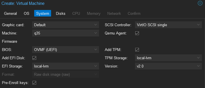 Proxmox Create VM System tab with UEFI, TPM, and Qemu Agent settings