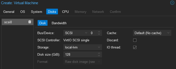 Proxmox Create VM Disks tab with 128 GiB disk