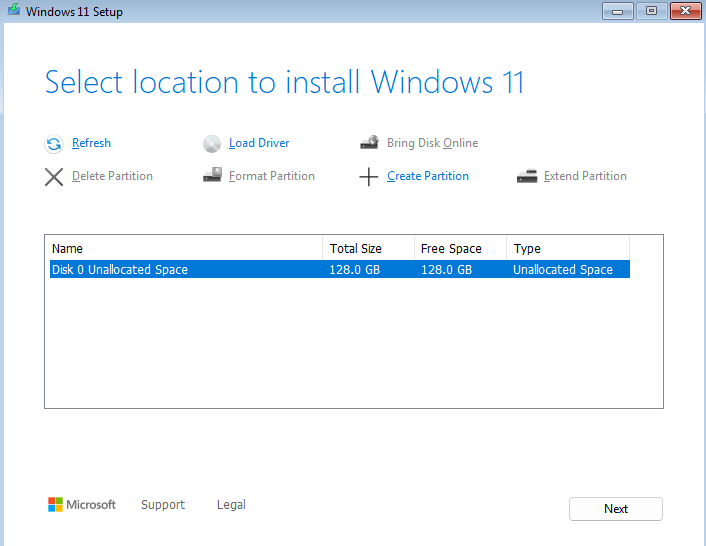 Windows 11 Setup disk selection screen after loading VirtIO drivers