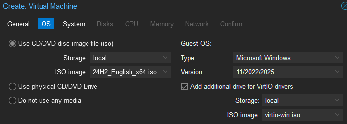 Proxmox Create VM OS tab with Windows 11 ISO and VirtIO drivers selected