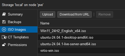 Proxmox ISO Images content section with Upload button