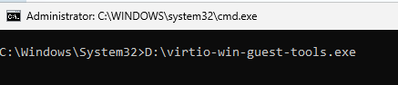 Command Prompt showing D:\virtio-win-guest-tools.exe command