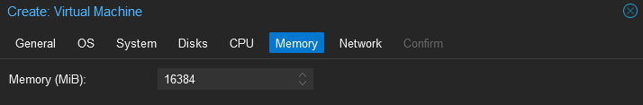 Proxmox Create VM Memory tab with 16384 MiB