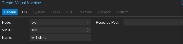 Proxmox Create Virtual Machine dialog on the General tab