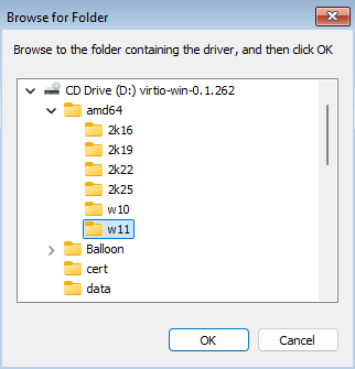 Browse for Folder dialog showing VirtIO driver CD with w11 folder selected