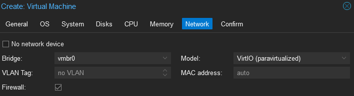Proxmox Create VM Network tab with VirtIO bridge