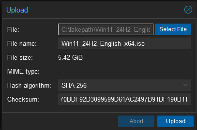 Proxmox upload dialog with SHA-256 checksum verification