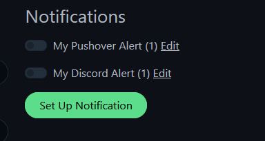 Uptime Kuma monitor notifications section with Pushover and Discord toggles both off
