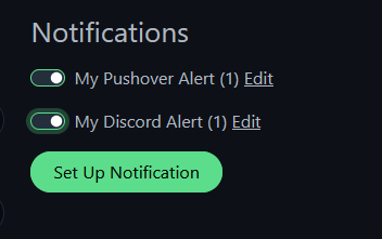 Uptime Kuma monitor notifications section with Pushover and Discord toggles both enabled